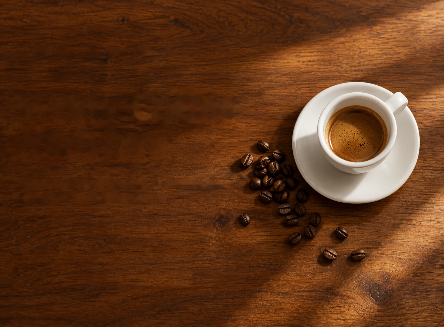 Espresso y granos de café sobre una mesa de madera